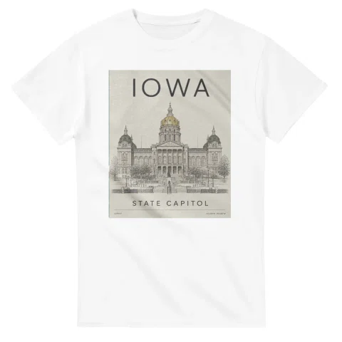 Fine-line engraving-style drawing for Iowa, with a landmark caption and small coordinate text.