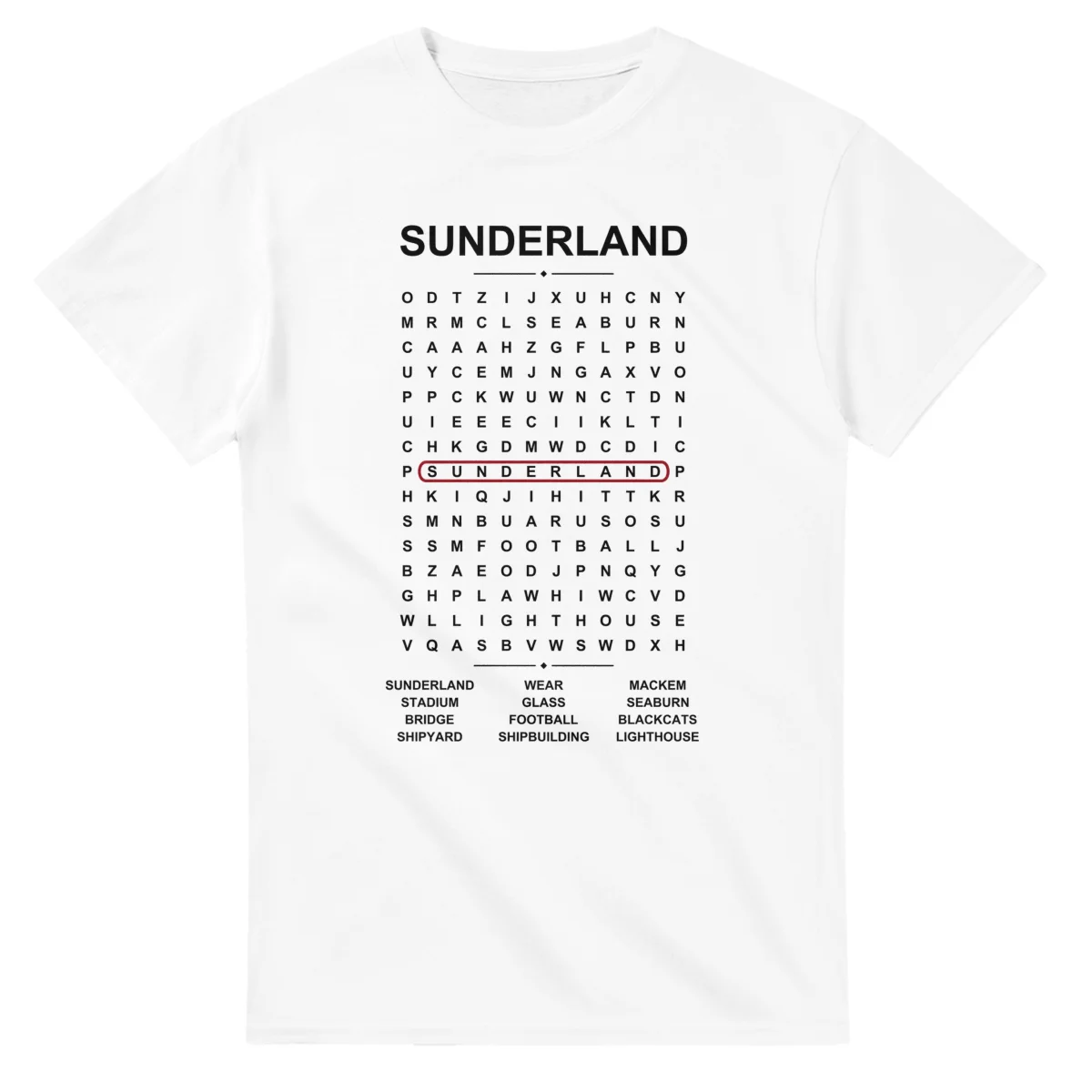 Word-search sheet for Sunderland, with a large place-name heading, a letter grid, a local answer list, and a red highlighted example word.