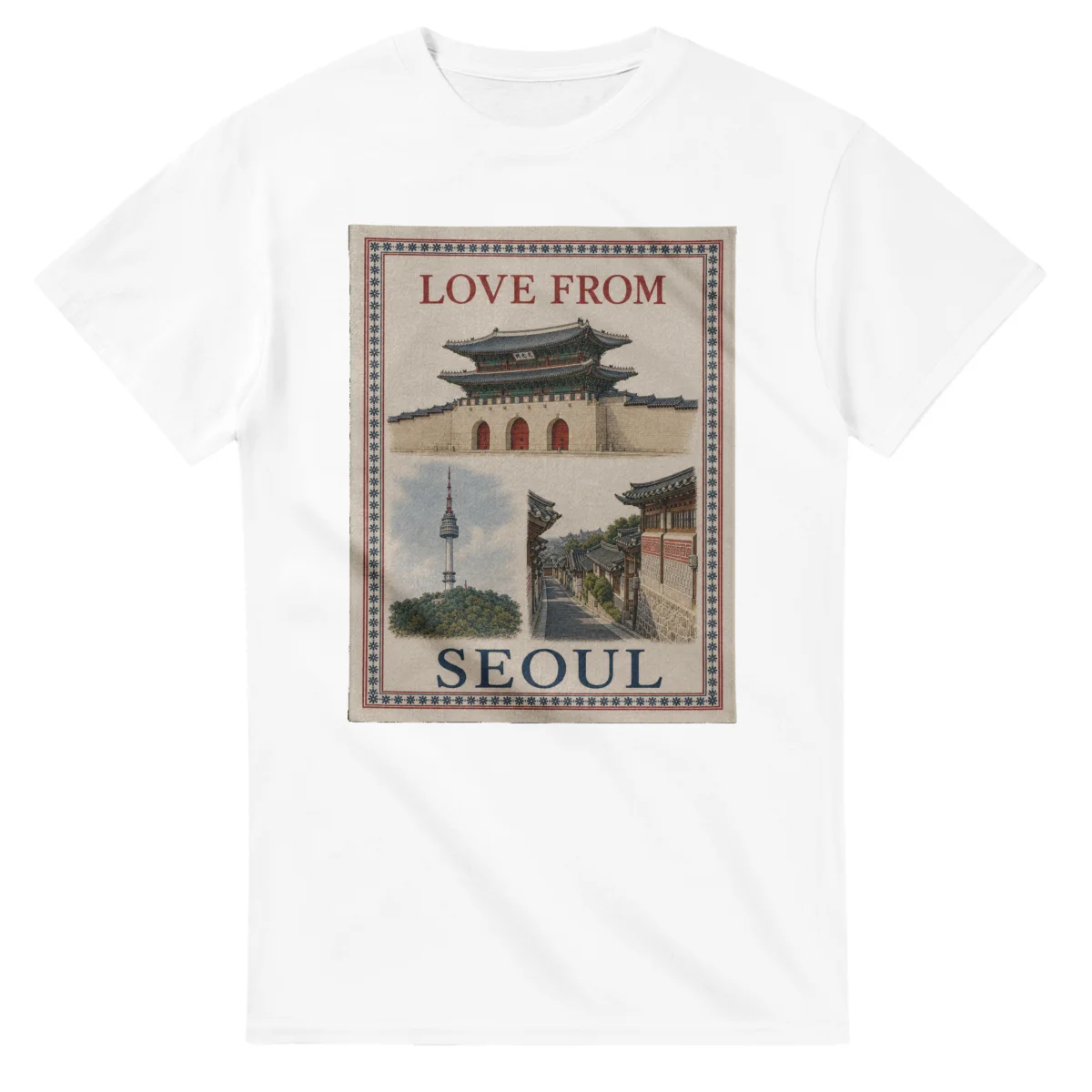 Framed scenic design for Seoul, with several local views, a decorative border and LOVE FROM lettering.