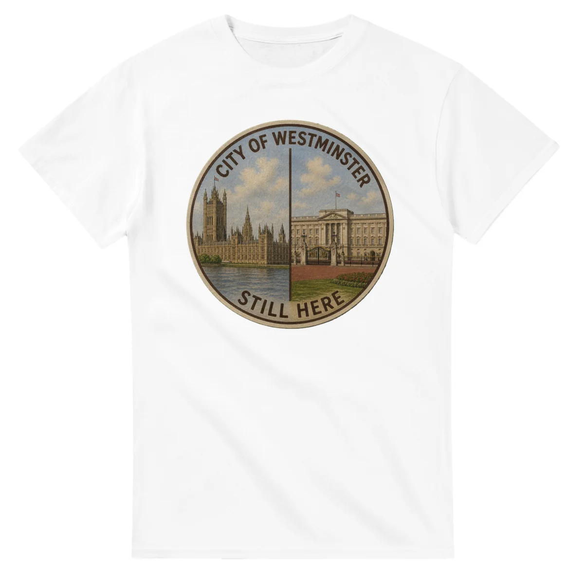 Painted, panelled scenic illustration for City of Westminster, with paired local scenes and the place name in lettering.