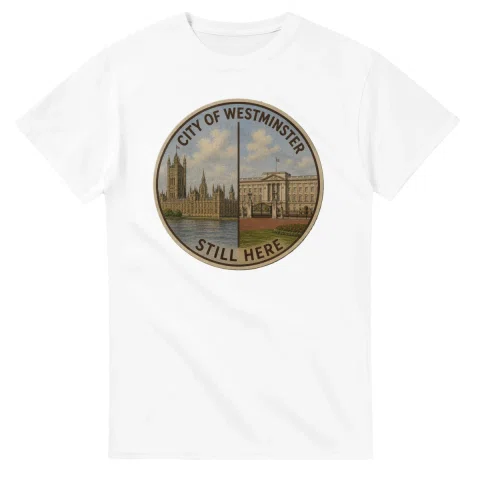 Painted, panelled scenic illustration for City of Westminster, with paired local scenes and the place name in lettering.