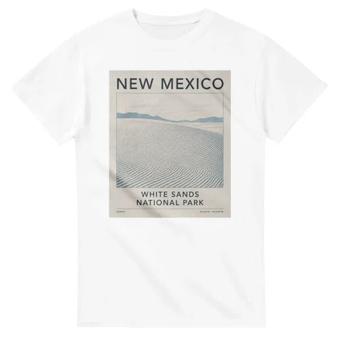Fine-line engraving-style drawing for New Mexico, with a landmark caption and small coordinate text.
