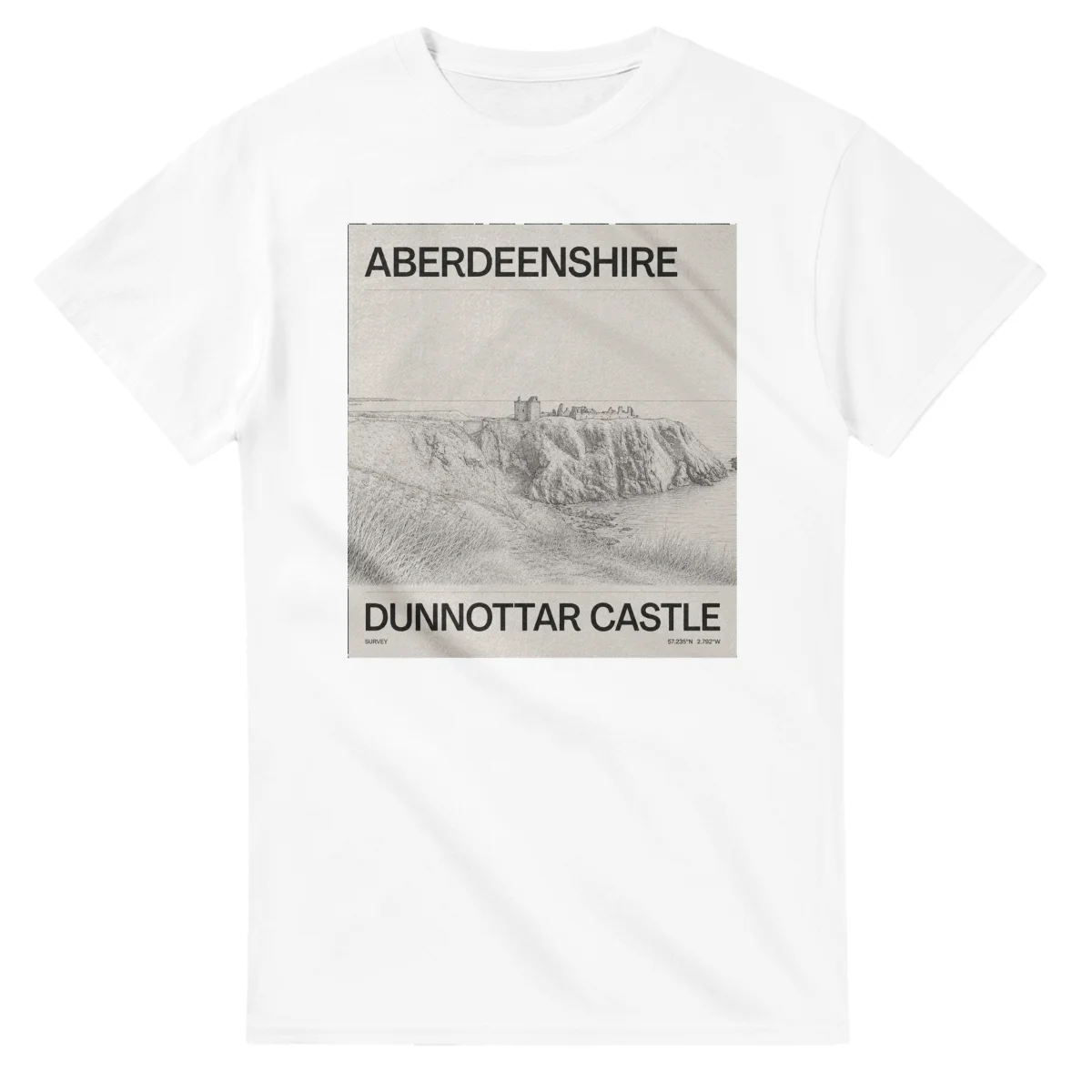 Fine-line engraving-style drawing for Aberdeenshire, with a landmark caption and small coordinate text.