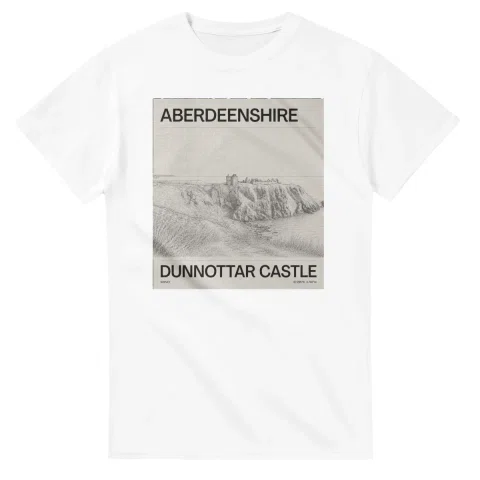 Fine-line engraving-style drawing for Aberdeenshire, with a landmark caption and small coordinate text.