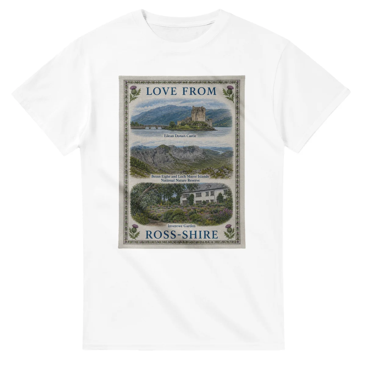 Framed scenic design for Ross-shire, with several local views, a decorative border and LOVE FROM lettering.