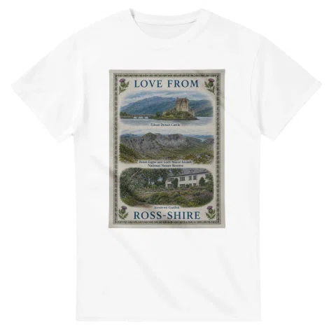 Framed scenic design for Ross-shire, with several local views, a decorative border and LOVE FROM lettering.