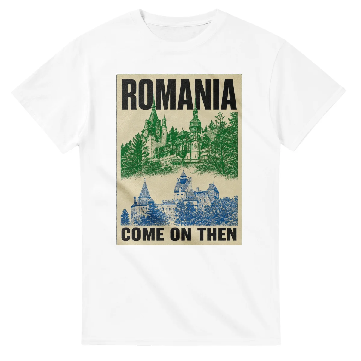 Two-colour scenic illustration for Romania, with the place name and COME ON THEN lettering.