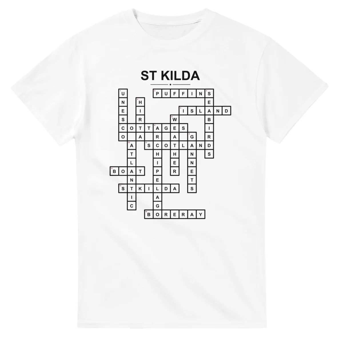 Monochrome crossword sheet for St Kilda, with a large place-name heading, a letter grid, and numbered across and down clues.