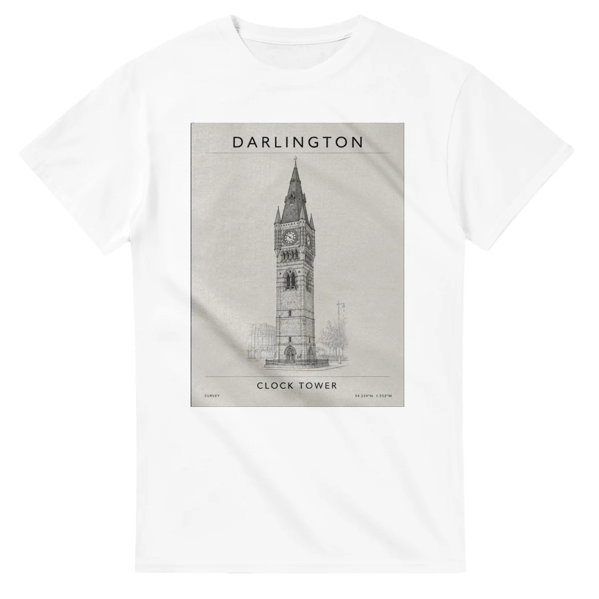 Fine-line engraving-style drawing for Darlington, with a landmark caption and small coordinate text.