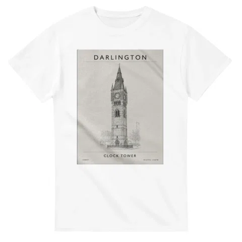 Fine-line engraving-style drawing for Darlington, with a landmark caption and small coordinate text.