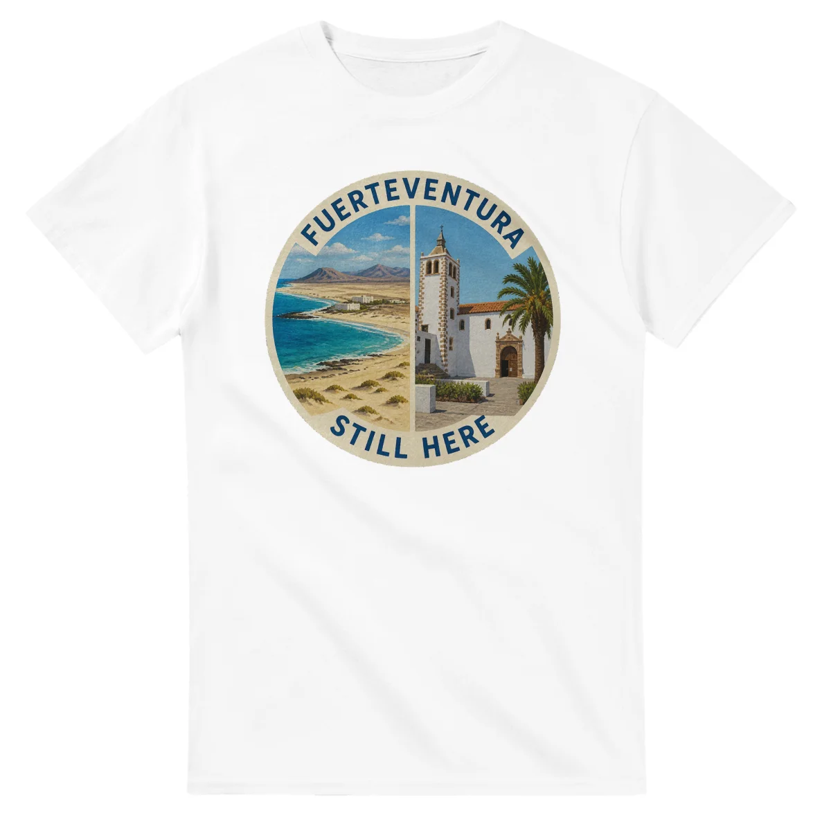 Painted, panelled scenic illustration for Fuerteventura, with paired local scenes and the place name in lettering.