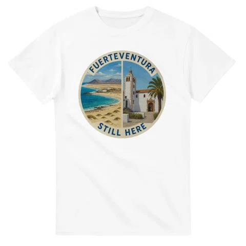Painted, panelled scenic illustration for Fuerteventura, with paired local scenes and the place name in lettering.