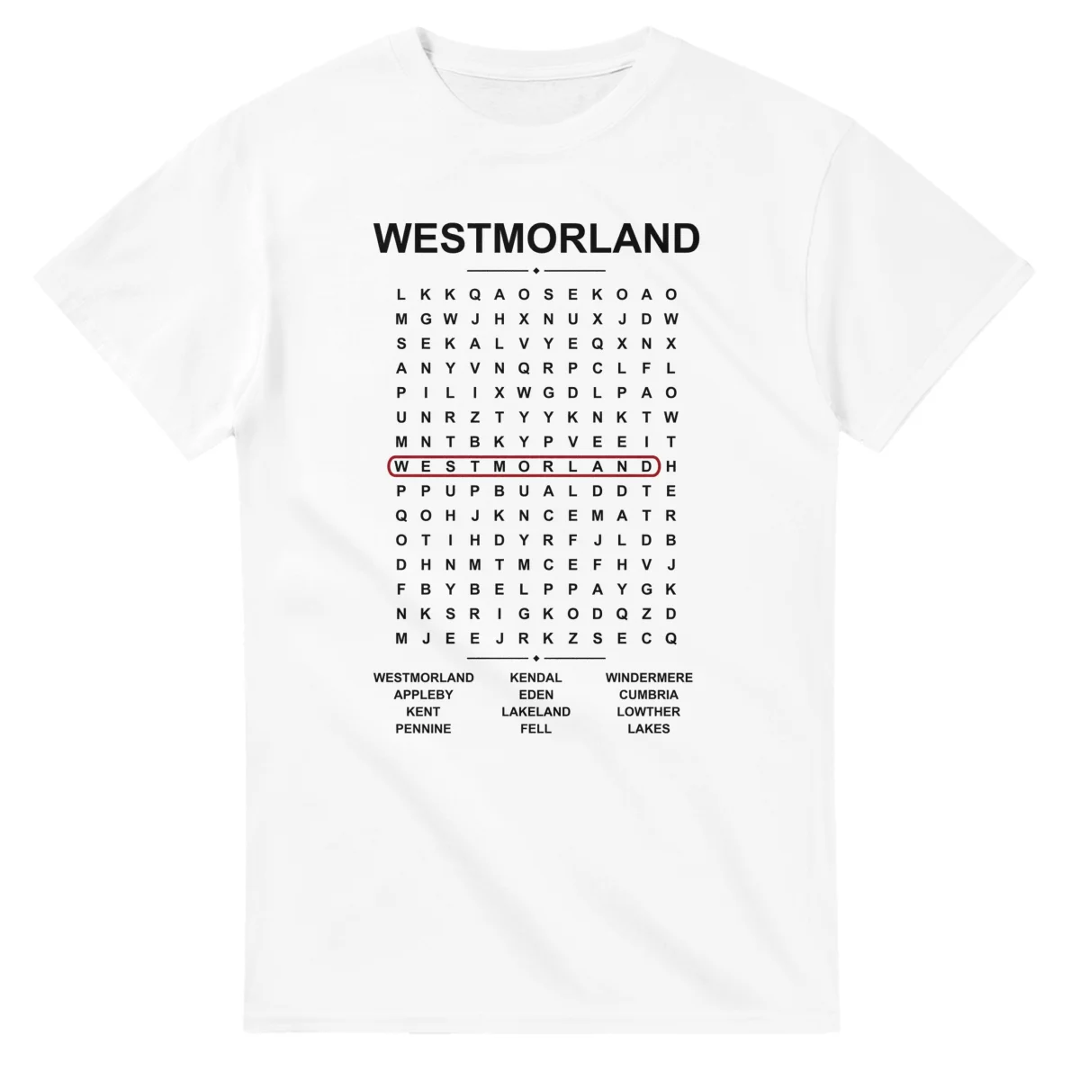 Word-search sheet for Westmorland, with a large place-name heading, a letter grid, a local answer list, and a red highlighted example word.