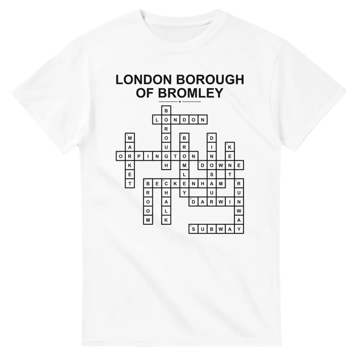 Monochrome crossword sheet for London Borough of Bromley, with a large place-name heading, a letter grid, and numbered across and down clues.