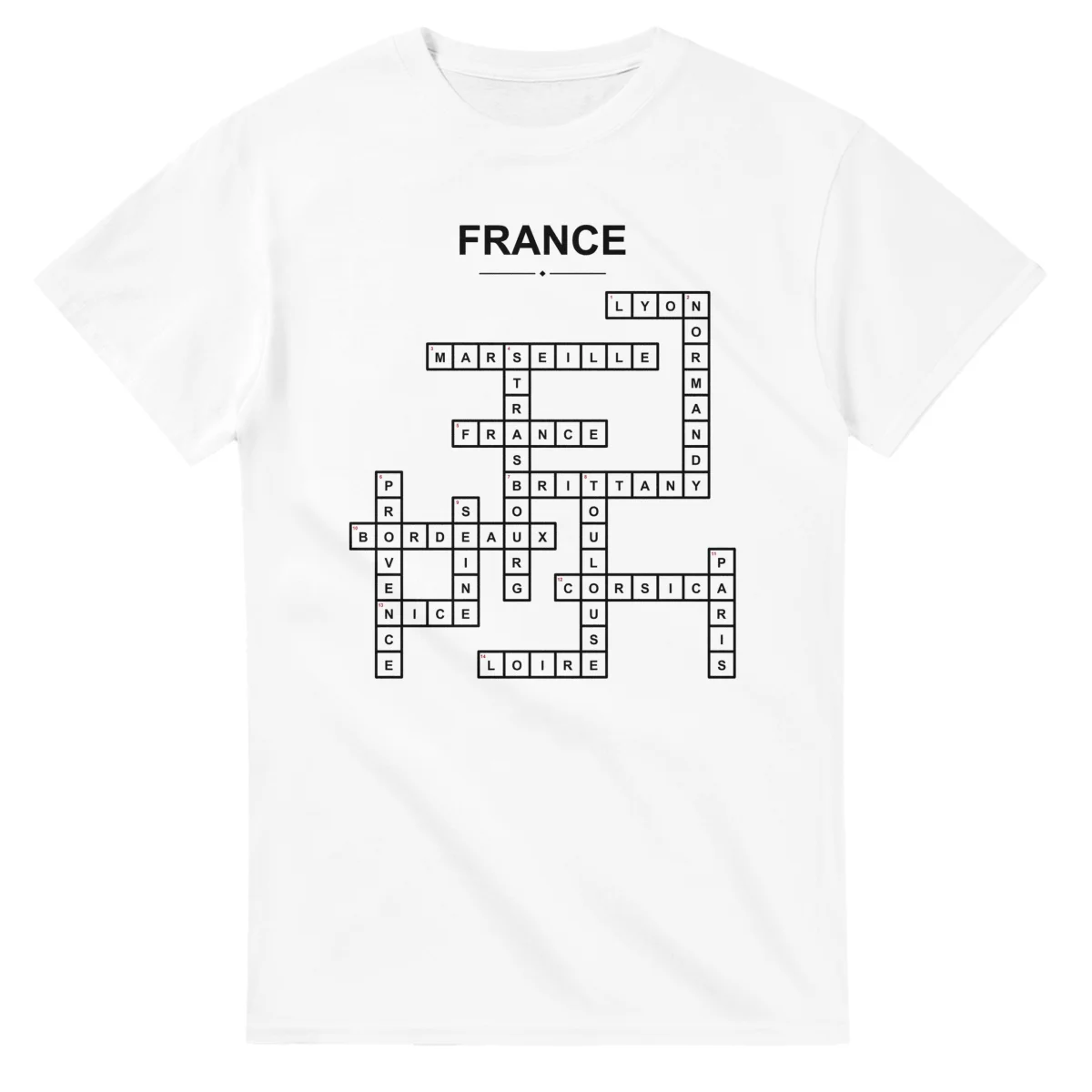 Monochrome crossword sheet for France, with a large place-name heading, a letter grid, and numbered across and down clues.