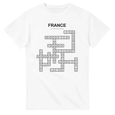 Monochrome crossword sheet for France, with a large place-name heading, a letter grid, and numbered across and down clues.