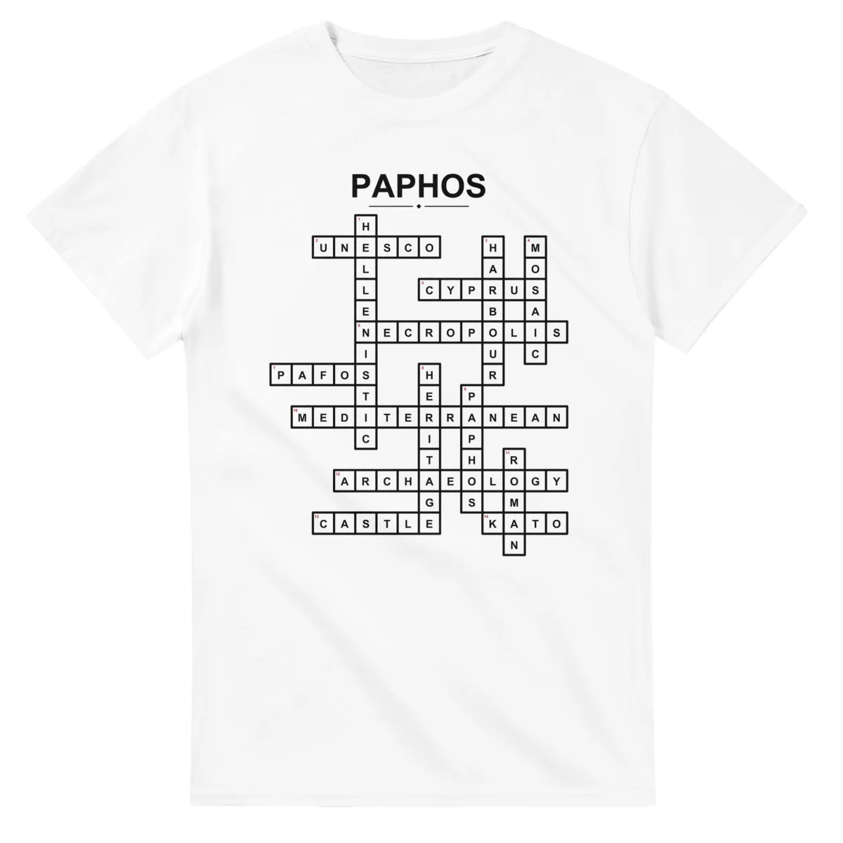 Monochrome crossword sheet for Paphos, with a large place-name heading, a letter grid, and numbered across and down clues.