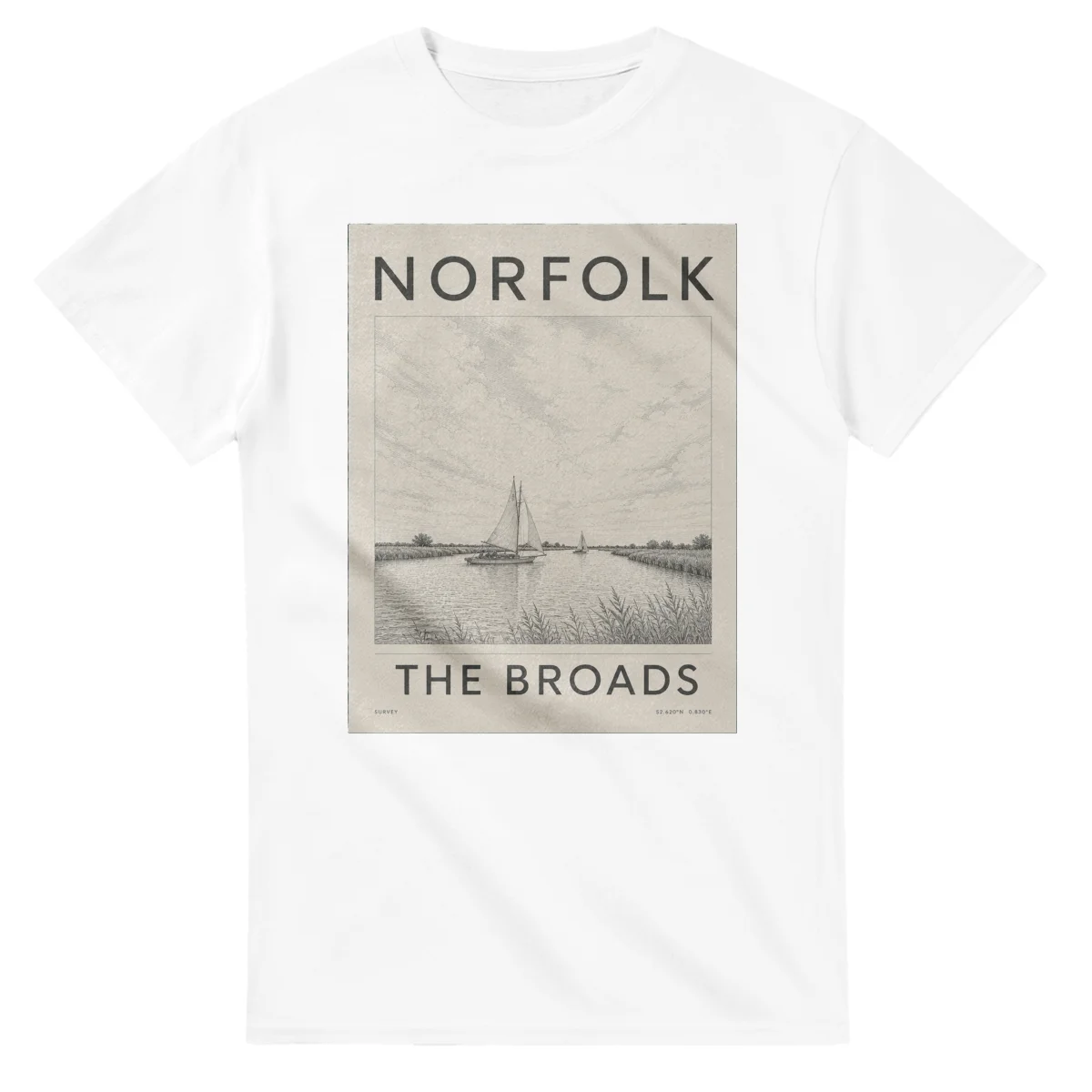 Fine-line engraving-style drawing for Norfolk, with a landmark caption and small coordinate text.
