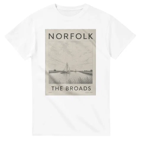 Fine-line engraving-style drawing for Norfolk, with a landmark caption and small coordinate text.