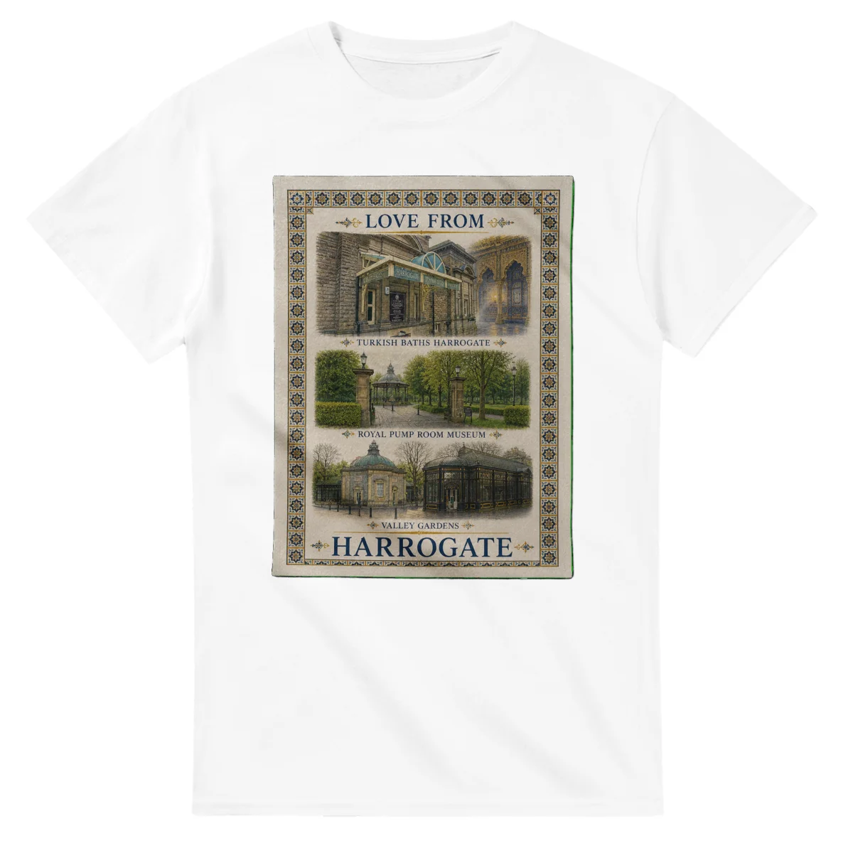 Framed scenic design for Harrogate, with several local views, a decorative border and LOVE FROM lettering.