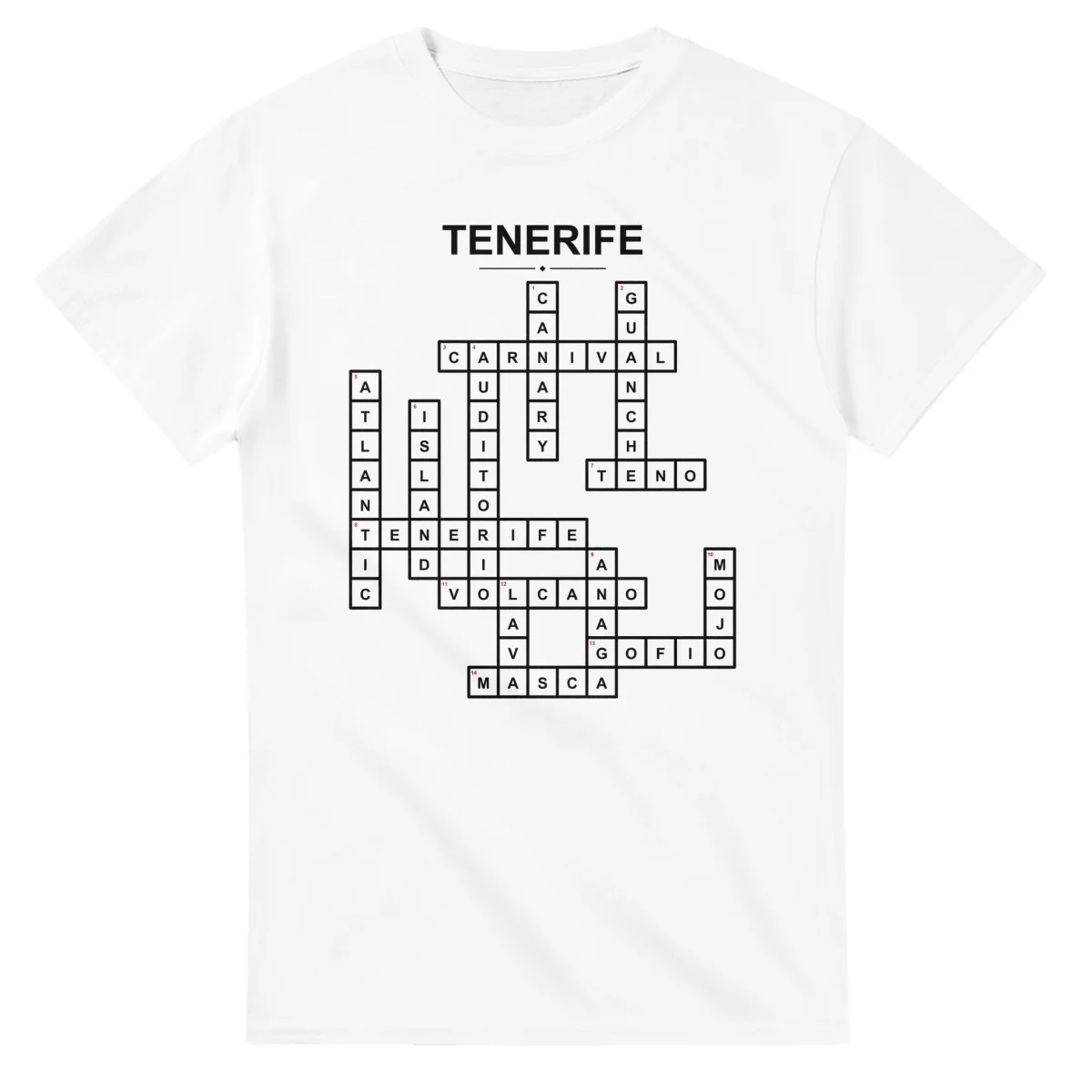 Monochrome crossword sheet for Tenerife, with a large place-name heading, a letter grid, and numbered across and down clues.