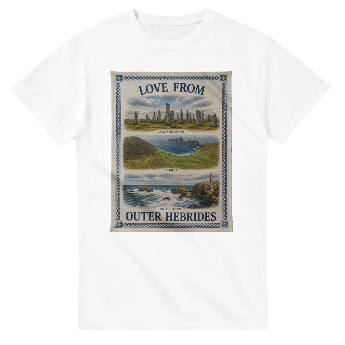 Framed scenic design for Outer Hebrides, with several local views, a decorative border and LOVE FROM lettering.
