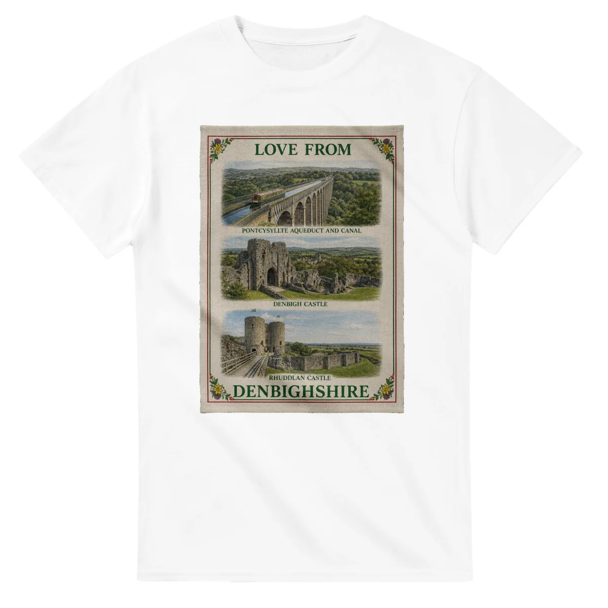 Framed scenic design for Denbighshire, with several local views, a decorative border and LOVE FROM lettering.