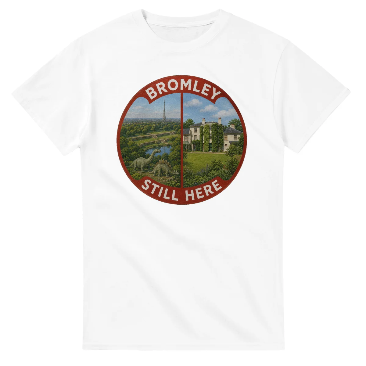 Painted, panelled scenic illustration for London Borough of Bromley, with paired local scenes and the place name in lettering.