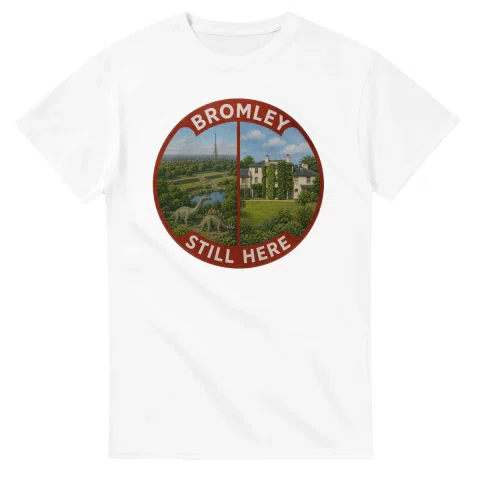 Painted, panelled scenic illustration for London Borough of Bromley, with paired local scenes and the place name in lettering.