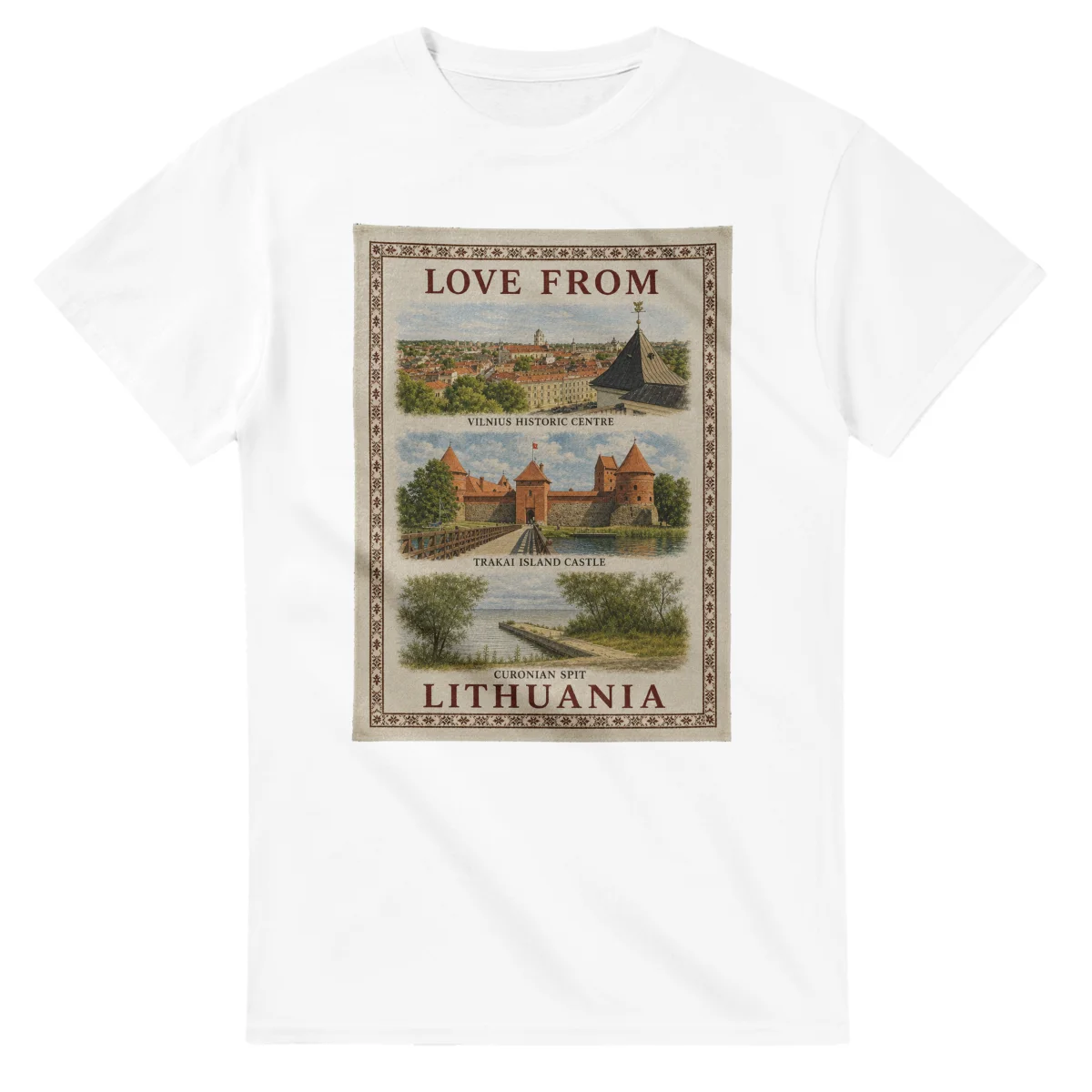 Framed scenic design for Lithuania, with several local views, a decorative border and LOVE FROM lettering.