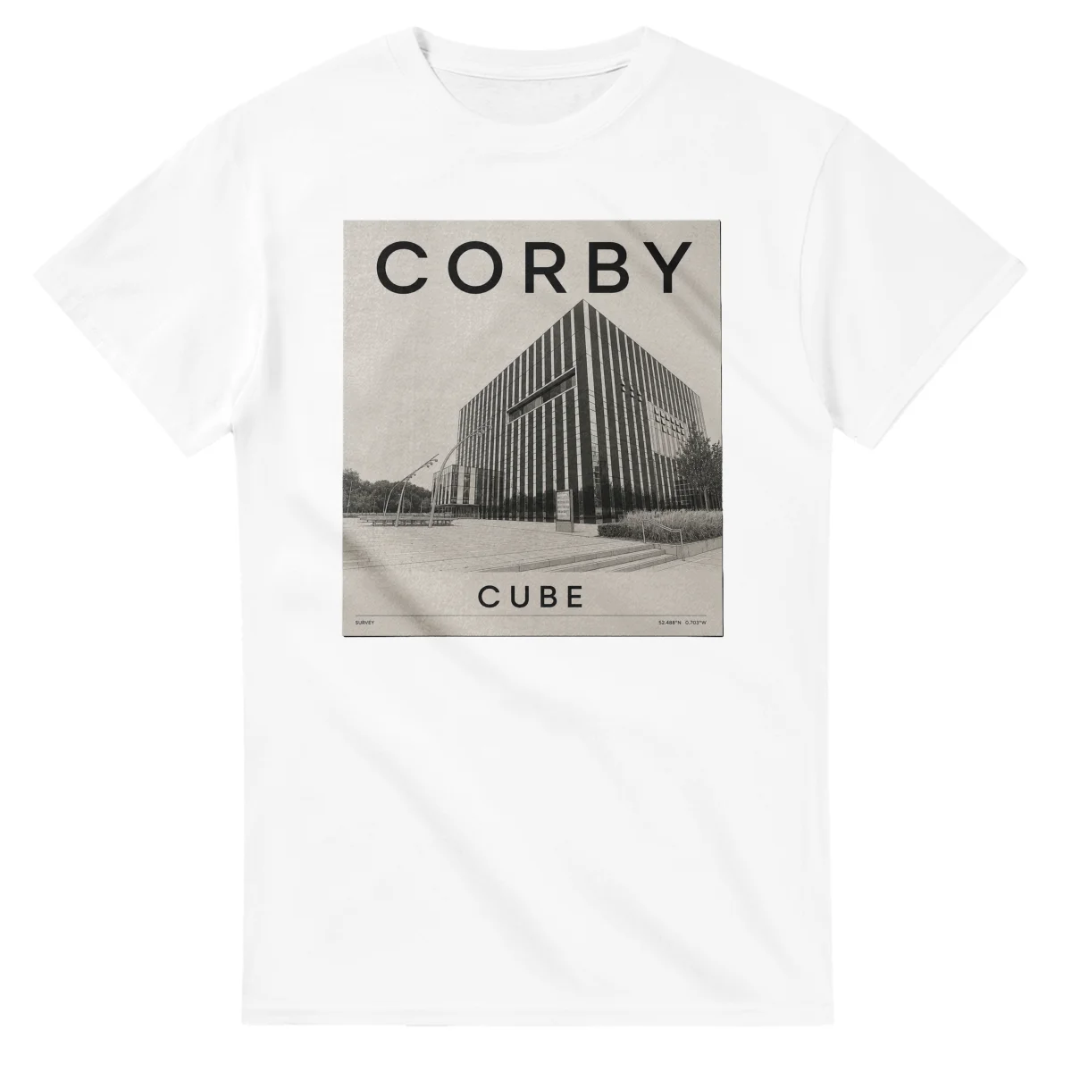 Fine-line engraving-style drawing for Corby, with a landmark caption and small coordinate text.