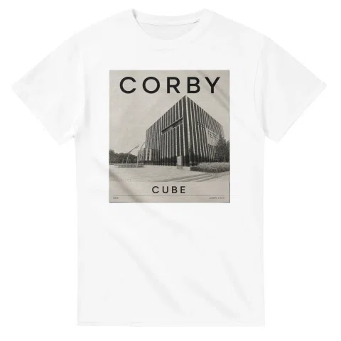Fine-line engraving-style drawing for Corby, with a landmark caption and small coordinate text.
