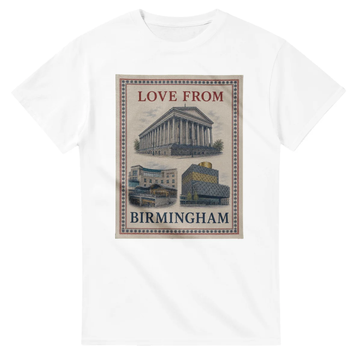 Framed scenic design for Birmingham, with several local views, a decorative border and LOVE FROM lettering.