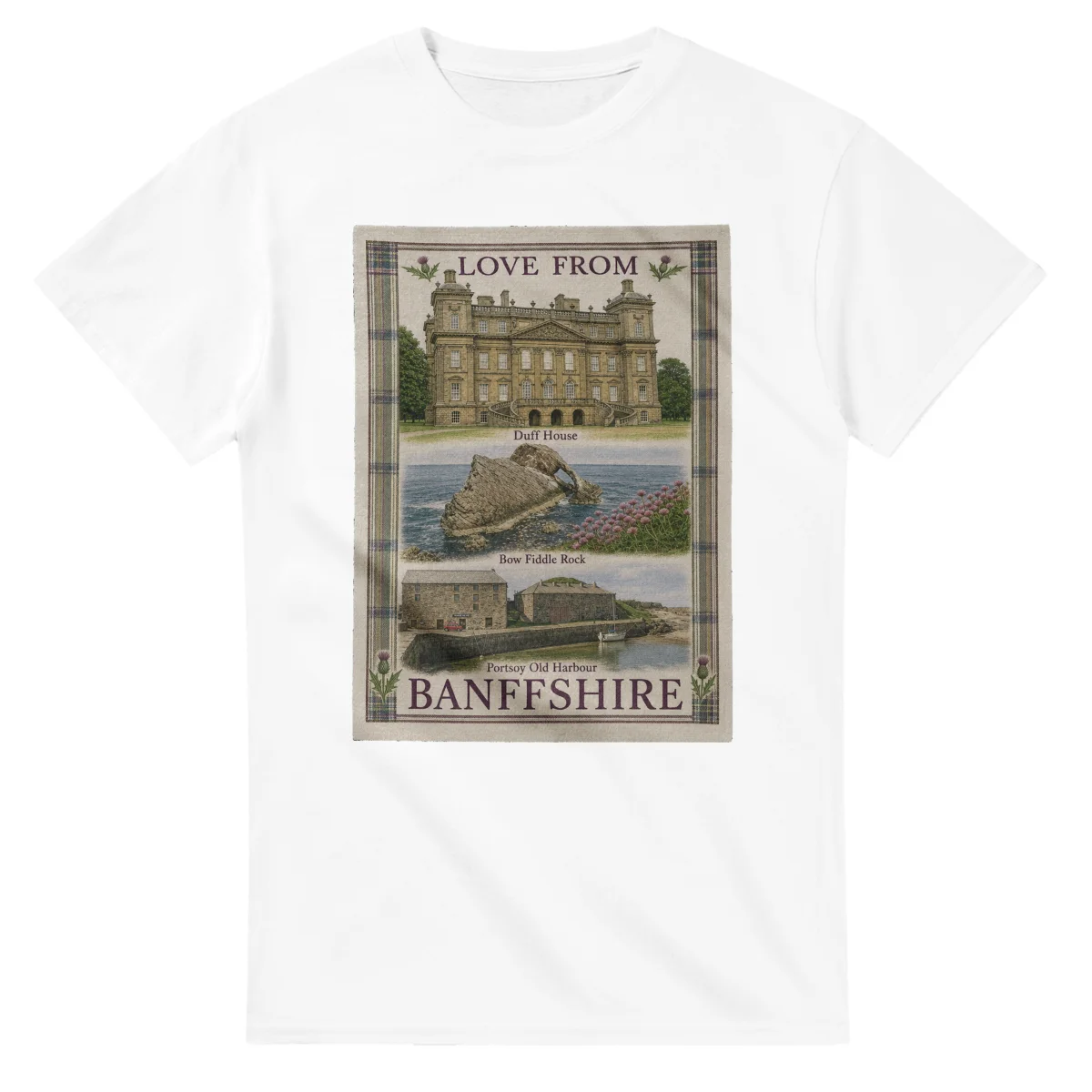 Framed scenic design for Banffshire, with several local views, a decorative border and LOVE FROM lettering.