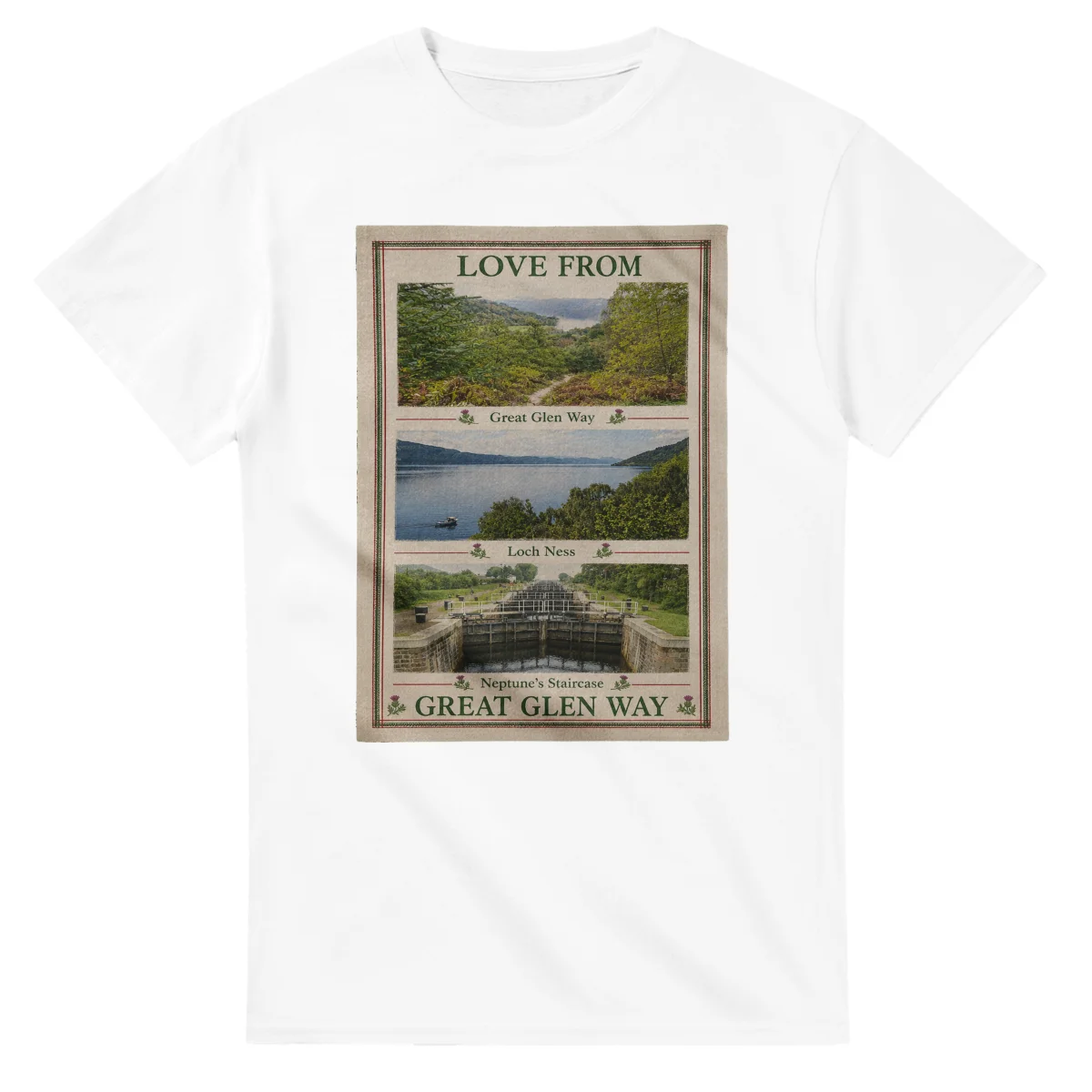 Framed scenic design for Great Glen Way, with several local views, a decorative border and LOVE FROM lettering.