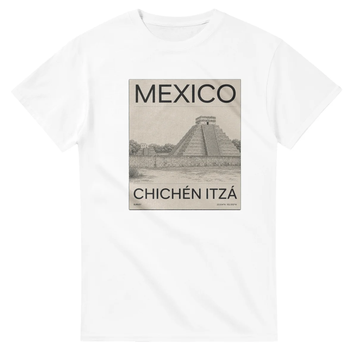 Fine-line engraving-style drawing for Mexico, with a landmark caption and small coordinate text.