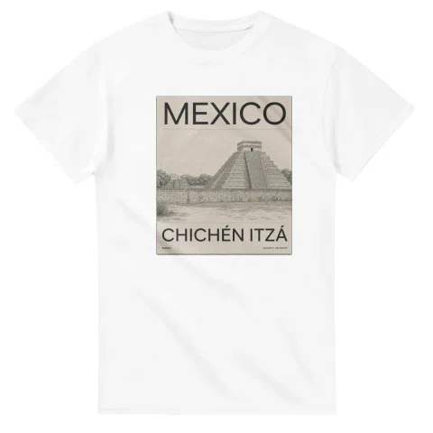 Fine-line engraving-style drawing for Mexico, with a landmark caption and small coordinate text.