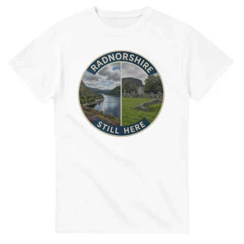 Painted, panelled scenic illustration for Radnorshire, with paired local scenes and the place name in lettering.
