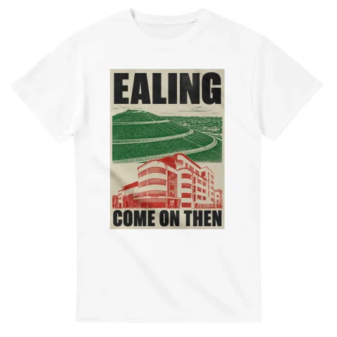 Two-colour scenic illustration for London Borough of Ealing, with the place name and COME ON THEN lettering.