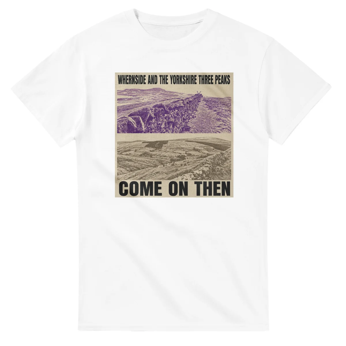 Two-colour scenic illustration for Whernside and the Yorkshire Three Peaks, with the place name and COME ON THEN lettering.