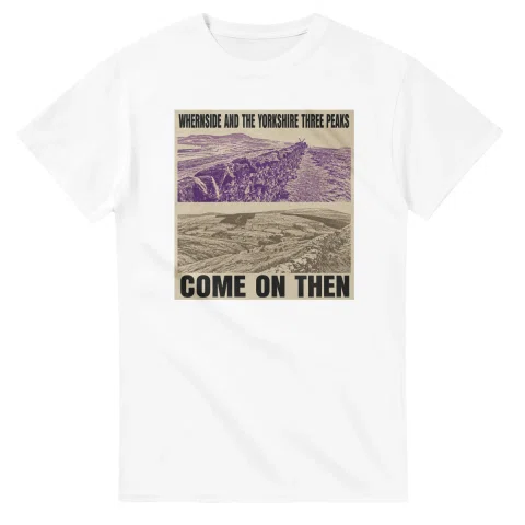 Two-colour scenic illustration for Whernside and the Yorkshire Three Peaks, with the place name and COME ON THEN lettering.