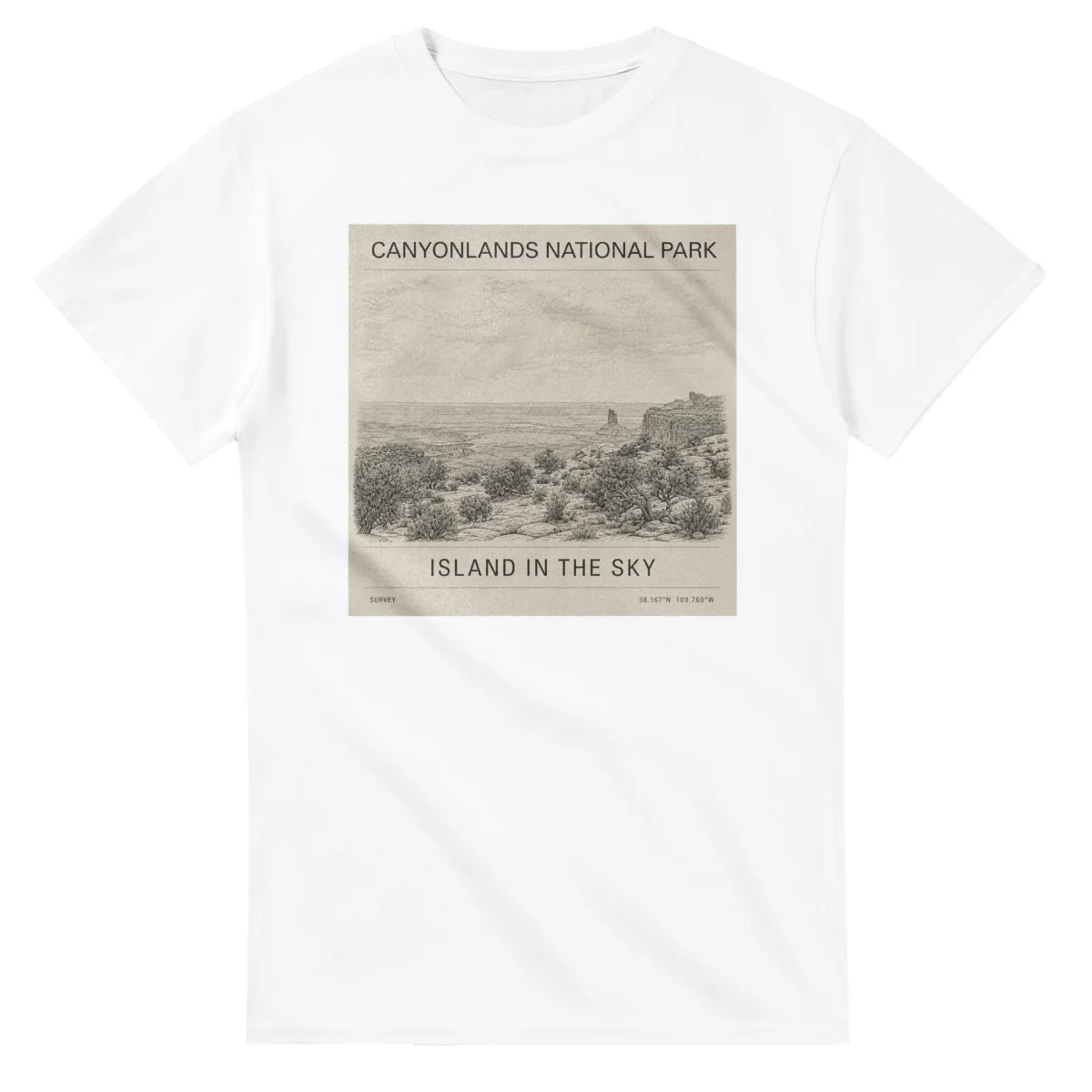 Fine-line engraving-style drawing for Canyonlands National Park, with a landmark caption and small coordinate text.
