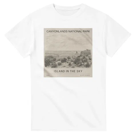 Fine-line engraving-style drawing for Canyonlands National Park, with a landmark caption and small coordinate text.