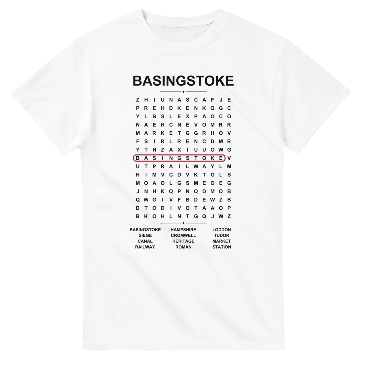 Word-search sheet for Basingstoke, with a large place-name heading, a letter grid, a local answer list, and a red highlighted example word.
