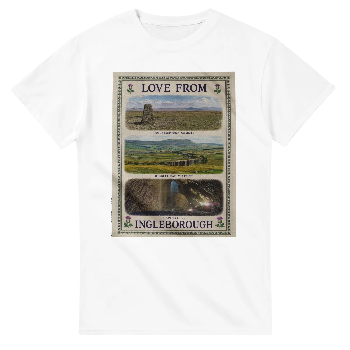 Framed scenic design for Ingleborough, with several local views, a decorative border and LOVE FROM lettering.