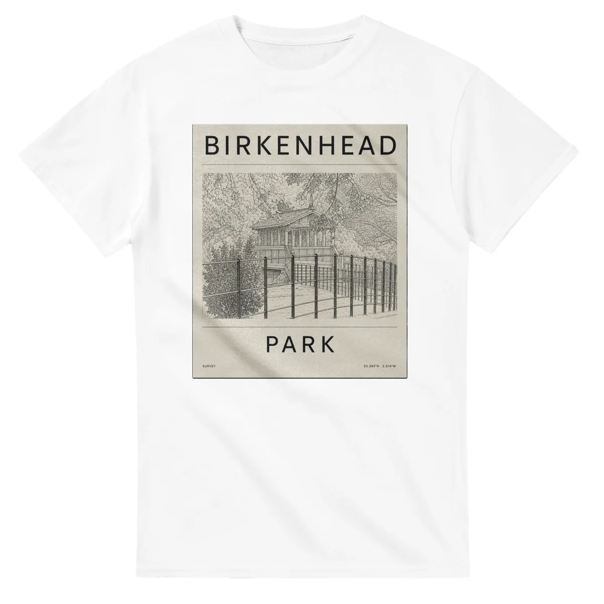 Fine-line engraving-style drawing for Birkenhead, with a landmark caption and small coordinate text.