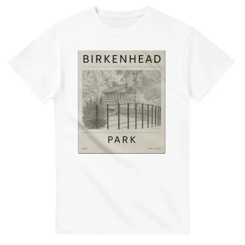 Fine-line engraving-style drawing for Birkenhead, with a landmark caption and small coordinate text.