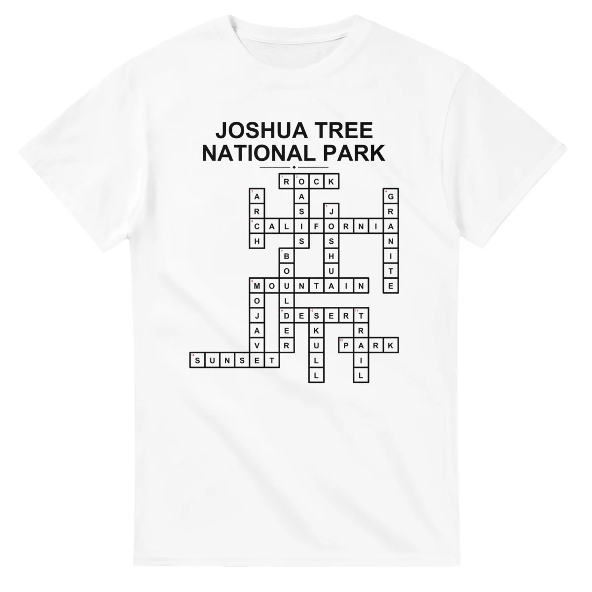 Monochrome crossword sheet for Joshua Tree National Park, with a large place-name heading, a letter grid, and numbered across and down clues.