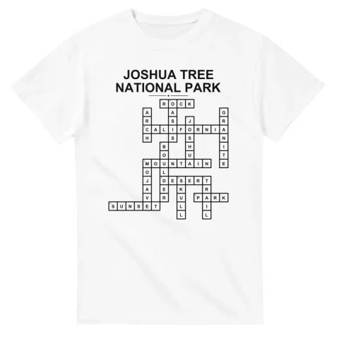 Monochrome crossword sheet for Joshua Tree National Park, with a large place-name heading, a letter grid, and numbered across and down clues.