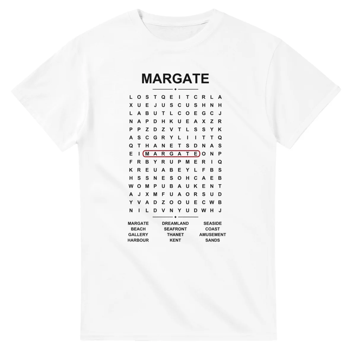 Word-search sheet for Margate, with a large place-name heading, a letter grid, a local answer list, and a red highlighted example word.